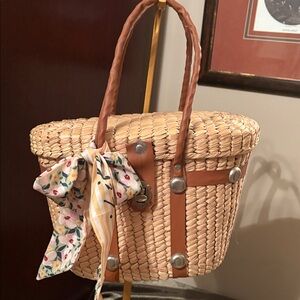 Adorable Woven Basket Bag with Floral Scarf